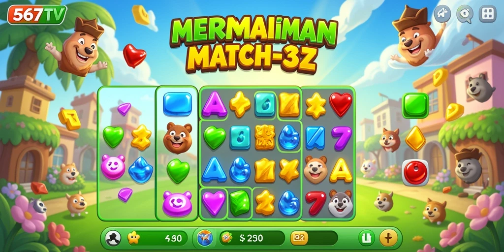 Tampilan gameplay seru di 567TV dengan level Match-3 yang penuh warna.