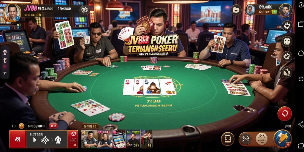 Tampilan gameplay JV88 menunjukkan aksi Poker yang penuh ketegangan.
