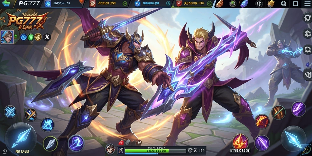 Screenshot gameplay PG777 menampilkan aksi seru dalam pertempuran tim MOBA.