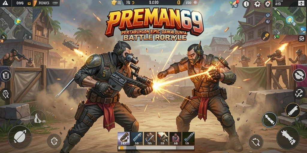 Screenshot PREMAN69 menampilkan pemain dalam aksi pertempuran Battle Royale yang intens.