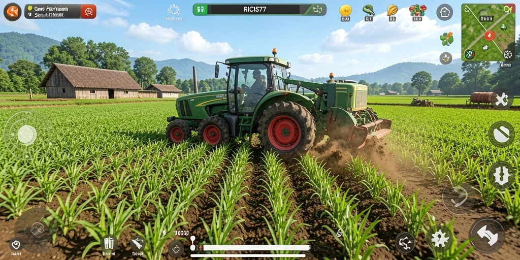 Tangkapan layar menunjukkan gameplay seru RICIS77 dengan ladang yang hijau dan subur.