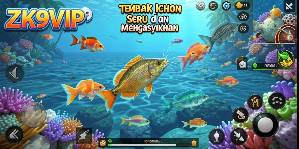 Gameplay seru Tembak Ikan di ZK9VIP dengan ikan berwarna-warni.